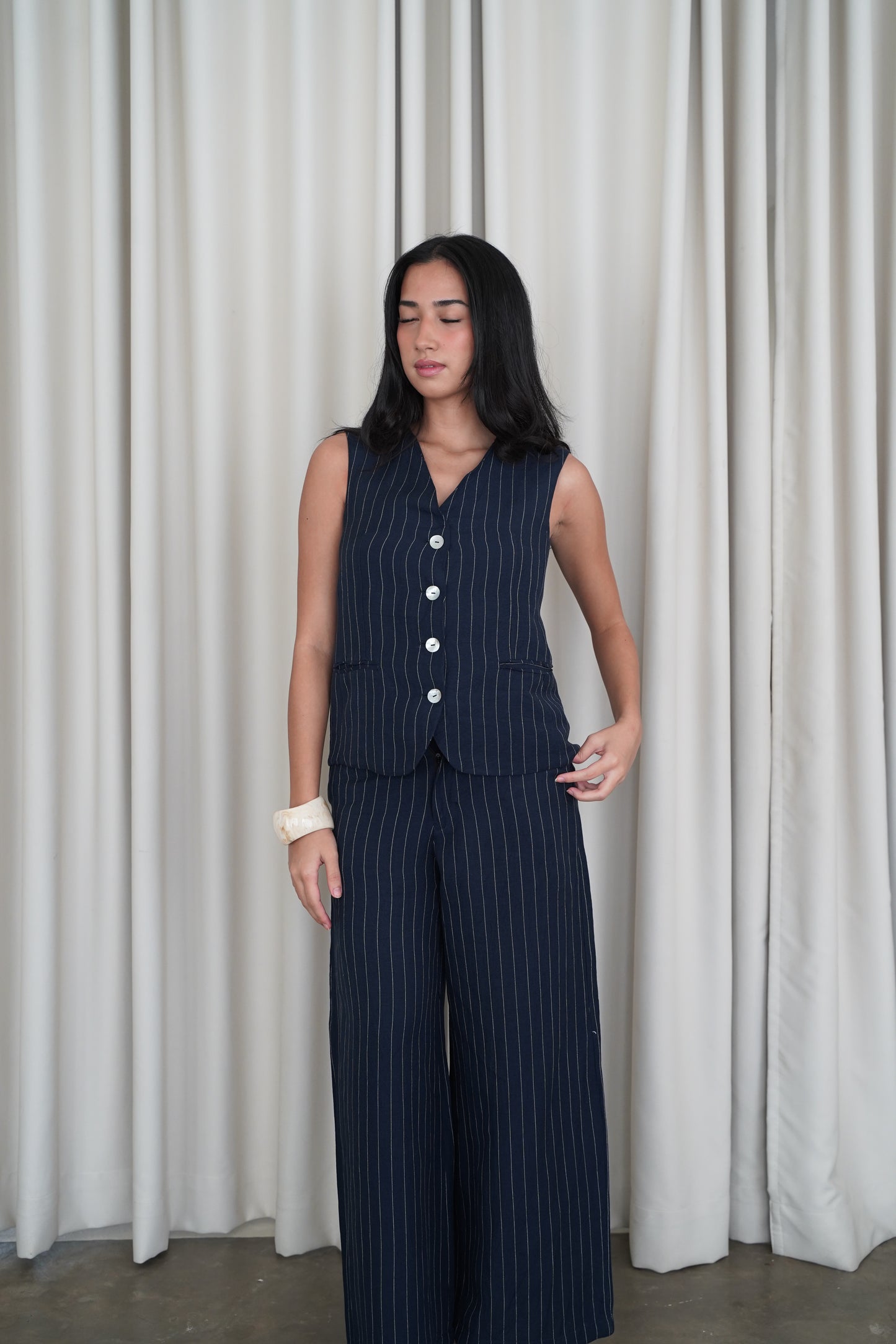 ESME STRIPED LINEN COORDS (NAVY)