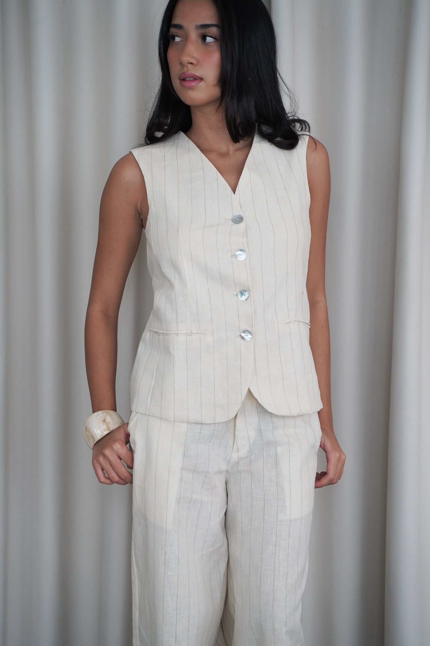 ESME STRIPED LINEN COORDS (CREAM)