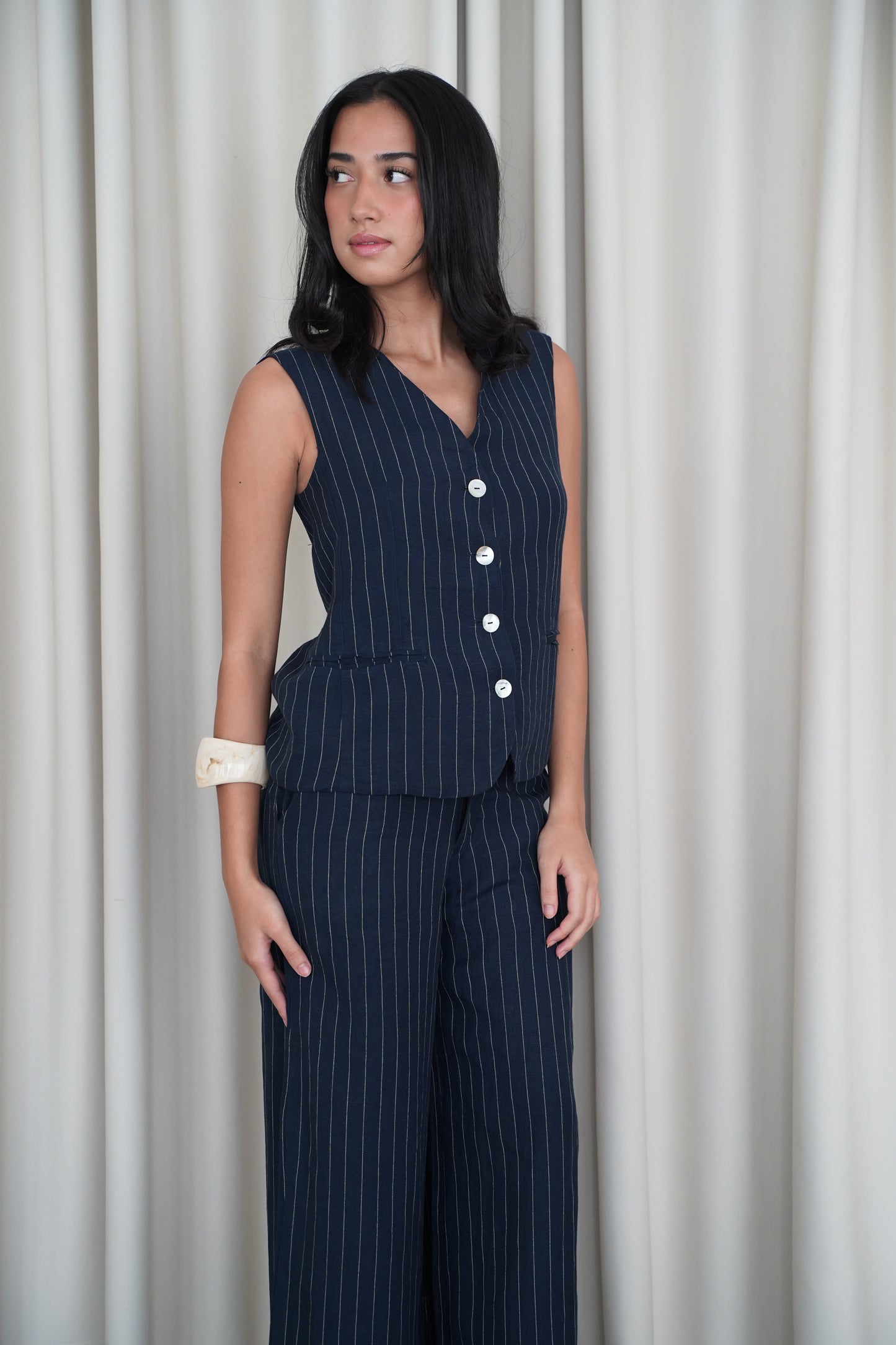 ESME STRIPED LINEN COORDS (NAVY)