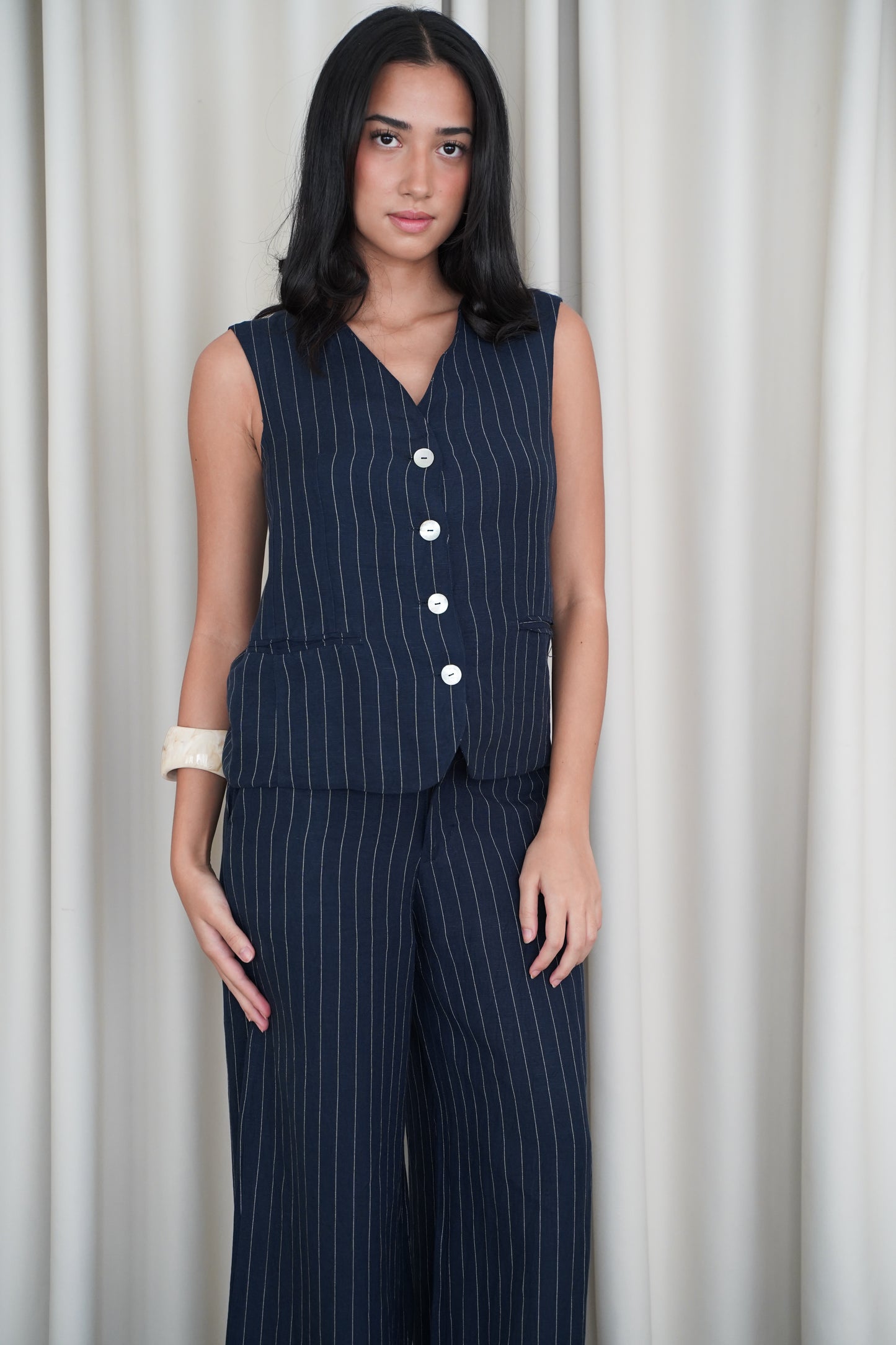ESME STRIPED LINEN COORDS (NAVY)