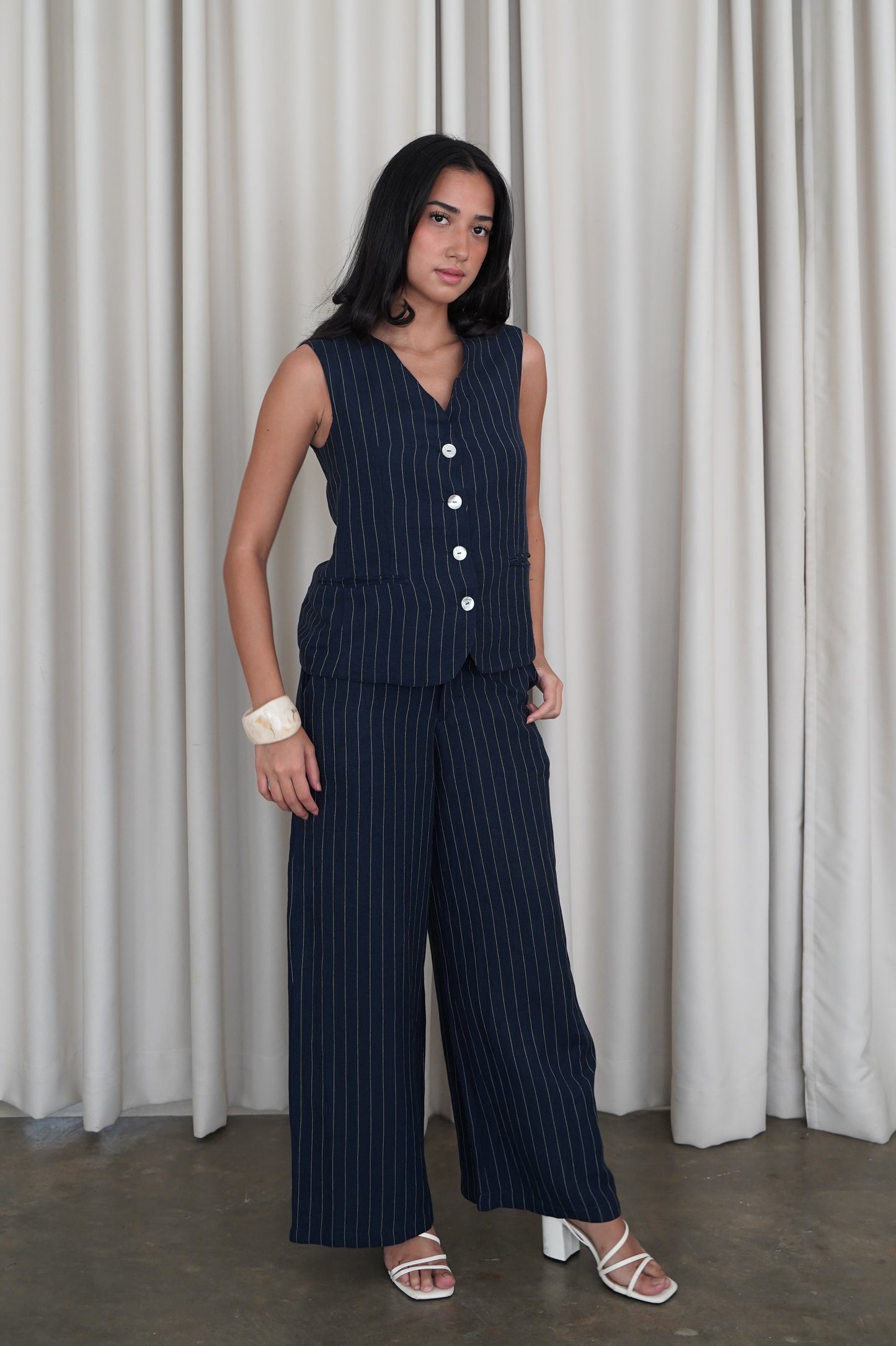 ESME STRIPED LINEN COORDS (NAVY)